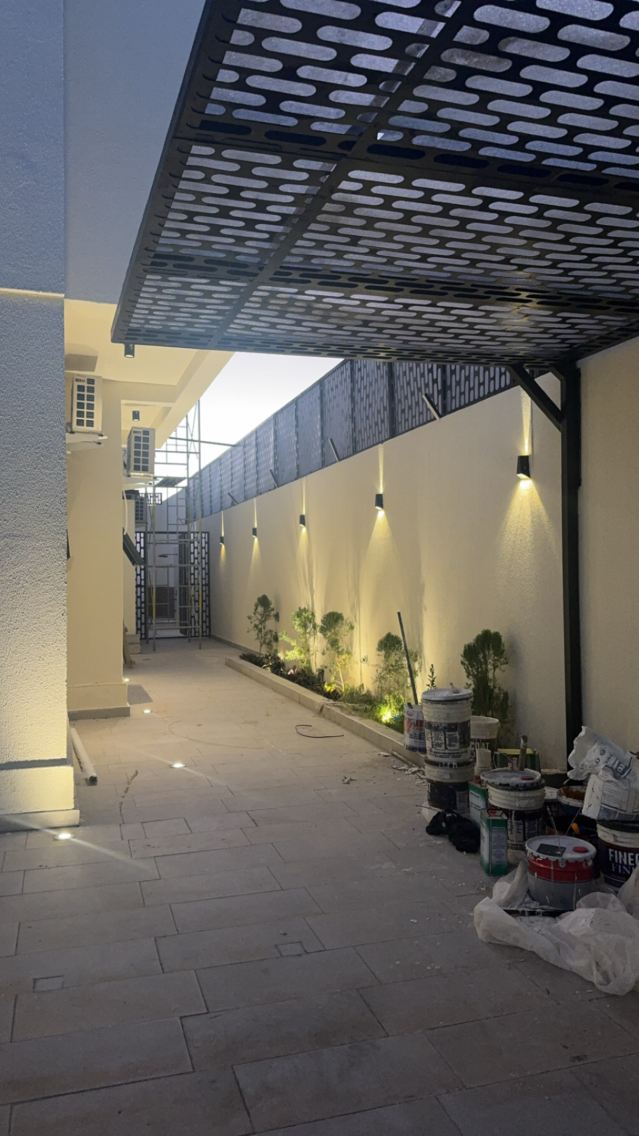 Villa side yard at night